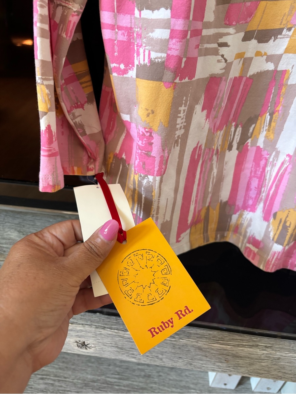 Ruby Rd. Pink and Yellow Abstract Brushstroke Top - Picture 3 of 7